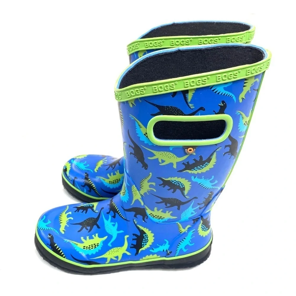 Bogs Paddle at Dino Dinosaurs Print Knee high Rain Boot Blue Size 4 Youth NWOT